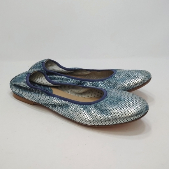 Sesto Meucci Metallloc Silver Blue Elastic Ballet Flats Round Leather EU 38.5 - Picture 1 of 10